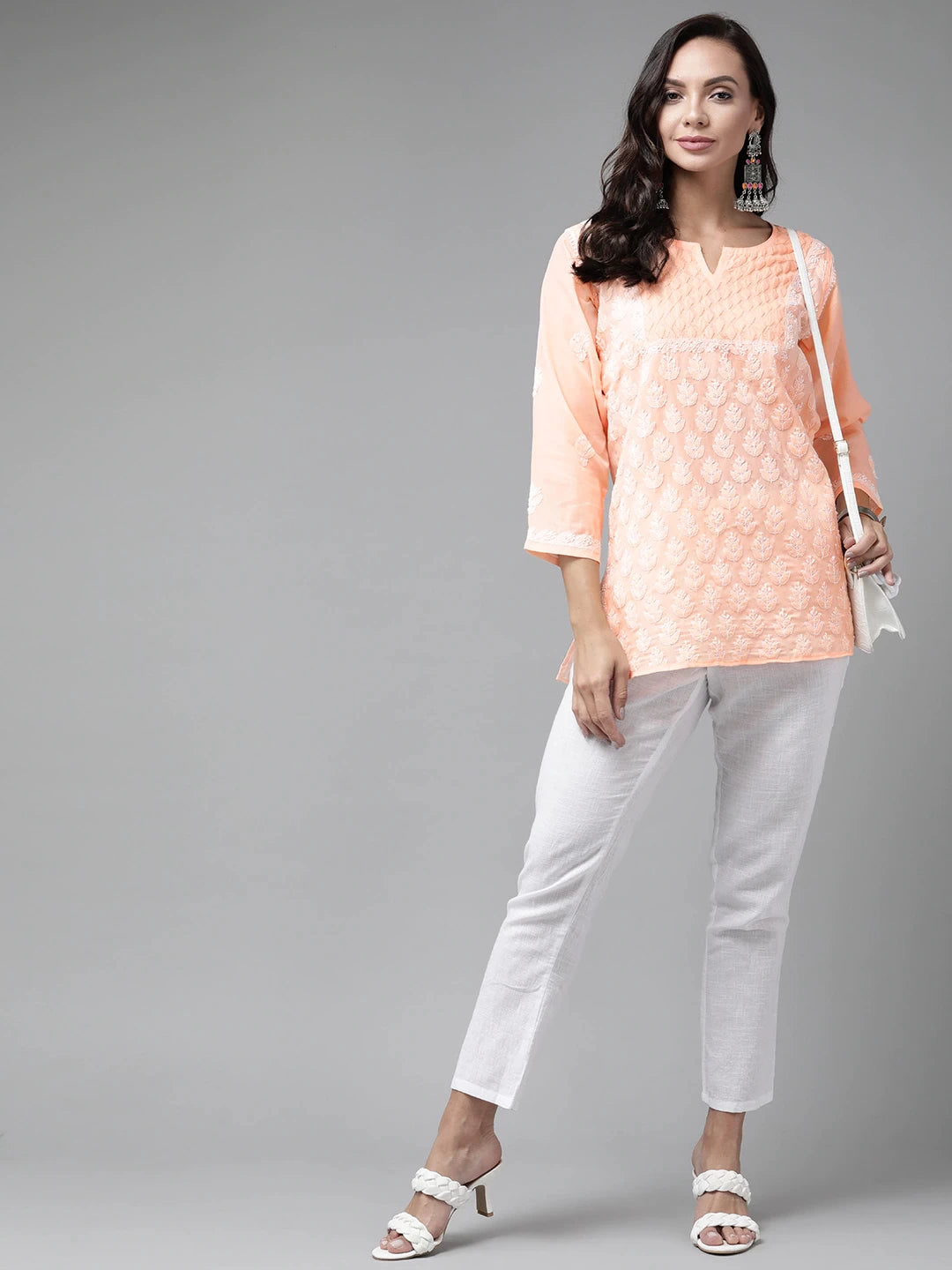 Ada Hand Embroidered Peach Cotton Lucknowi Chikankari Short Kurti A911211