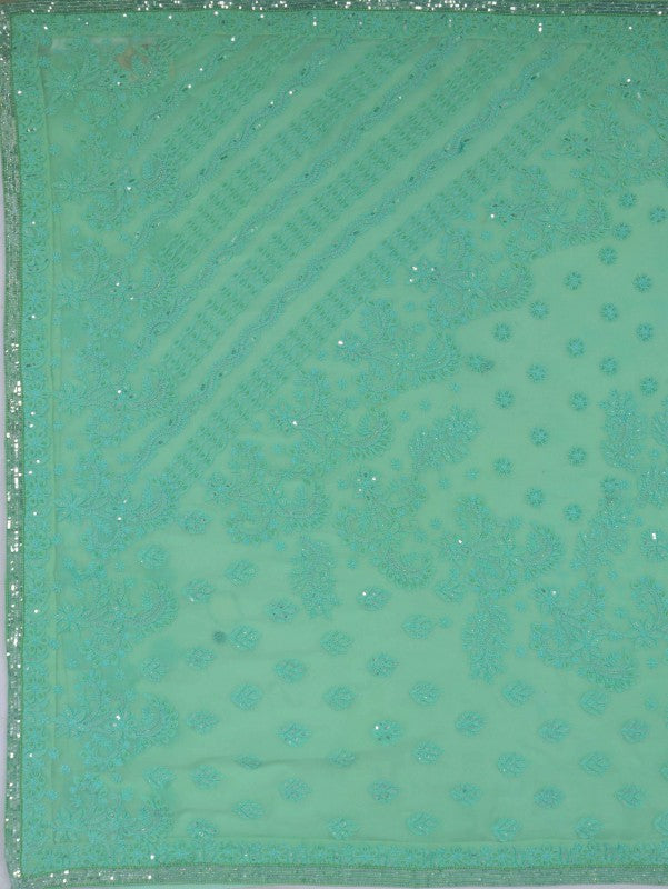 Ada Hand Embroidered Mint Green Georgette Lucknowi Chikankari Saree/Blouse With Pearl Work 01A138520
