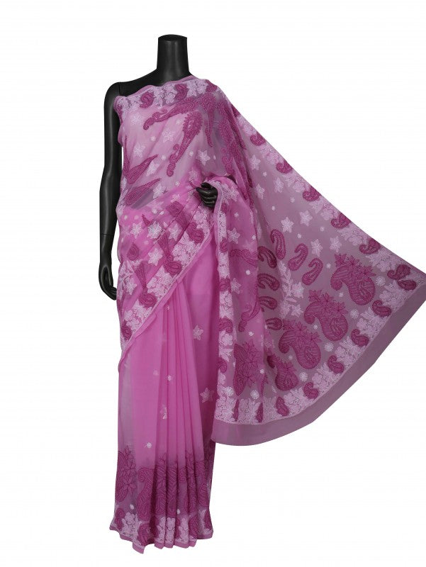 Ada Hand Embroidered Orchid Purple Georgette Lucknowi Chikankari Saree With Blouse A406466