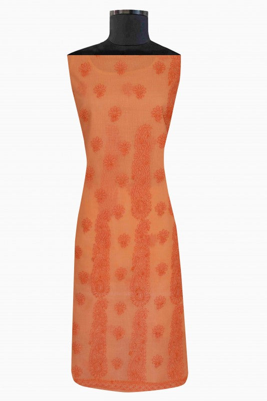Ada Hand Embroidered Salmon Peach Kota Lucknowi Chikan Unstitched Kurta Dupatta Set-A596893