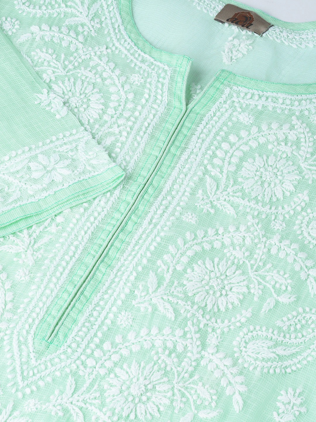 Ada Hand Embroidered Sea Green Kota Lucknow Chikankari Straight Kurta With Slip A100120