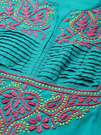 Ada Hand Embroidered Green Cotton Lucknowi Chikankari Straight Kurti A226855
