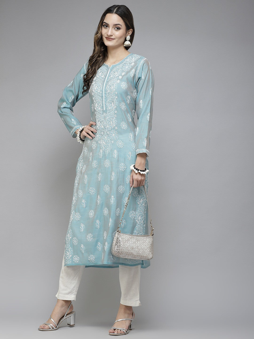 Ada Hand Embroidered Greyish Blue Chanderi Lucknowi Chikan Kurta A411343