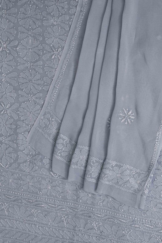 Ada Hand Embroidered Grey Georgette Lucknowi Chikan Unstitched Kurta Dupatta Set - A609336