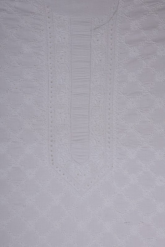 Ada Hand Embroidered White Cotton Lucknowi Chikan Unstitched Men's Kurta Piece A218074