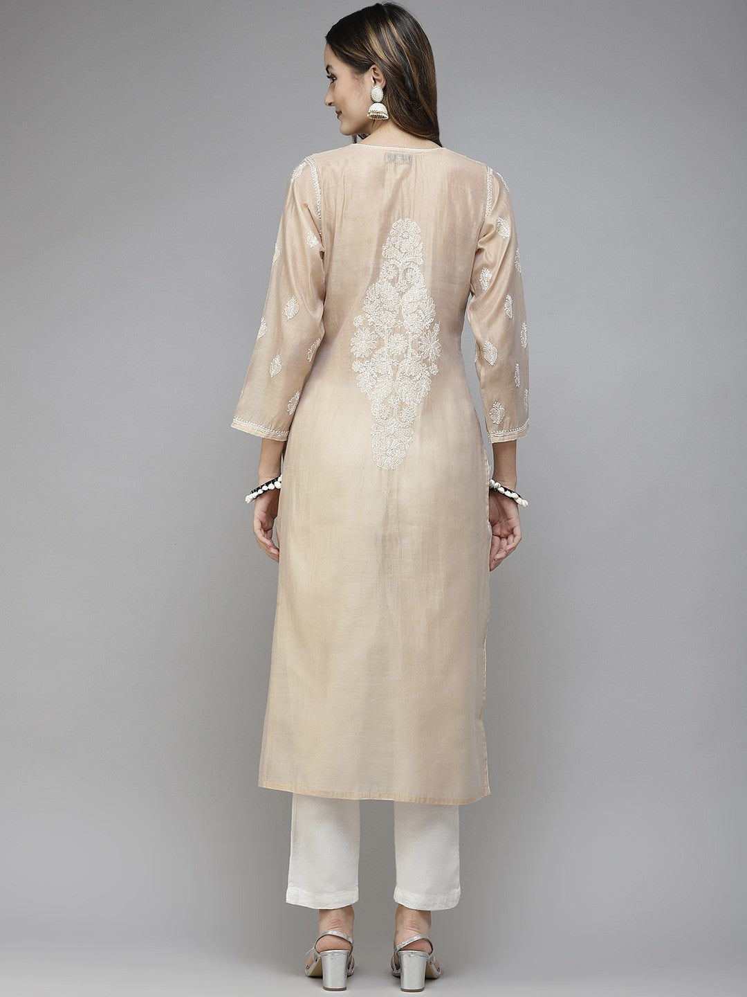 Ada Hand Embroidered Fawn Chanderi Lucknowi Chikan Kurta A411340