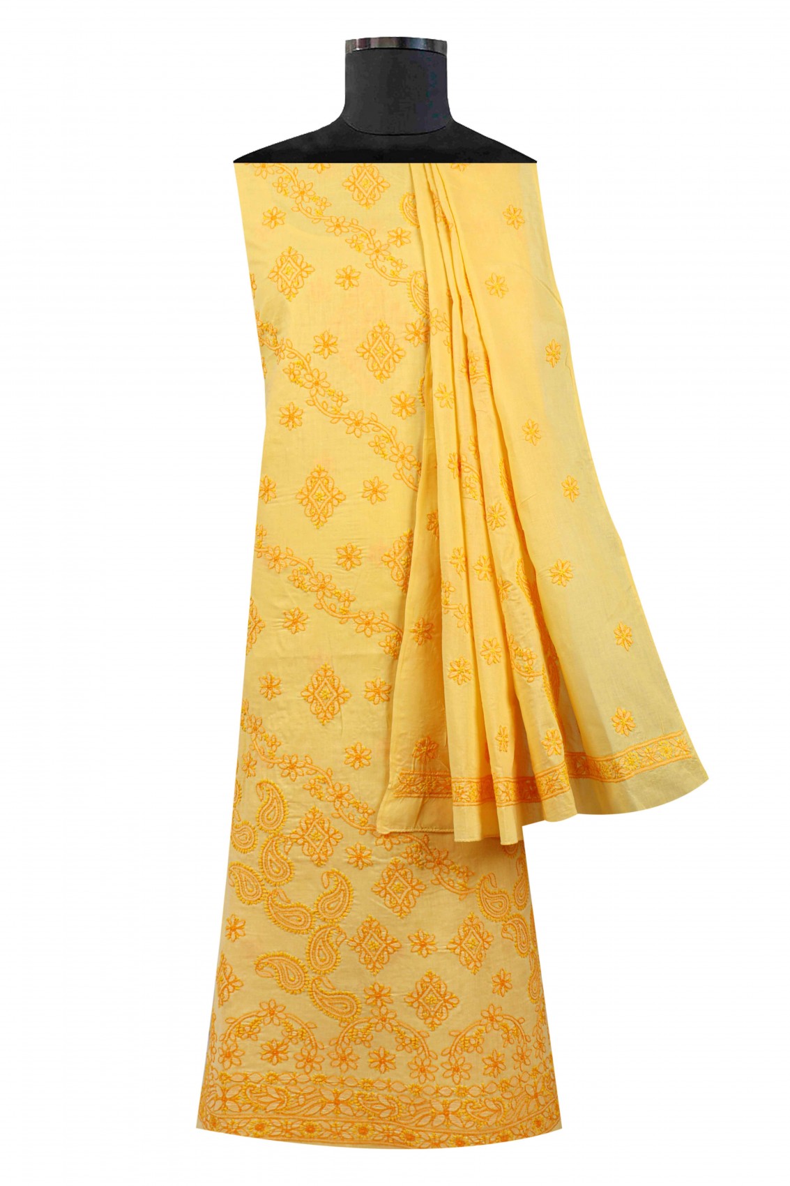 Ada Hand Embroidered Yellow Cotton Lucknowi Chikankari Unstitched Suit Piece A595134