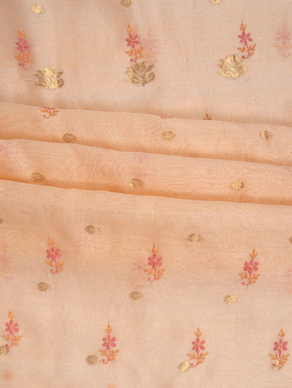 Ada Hand Embroidered Peach Chanderi Lucknowi Chikankari Unstitched Kurta Dupatta Set A622156