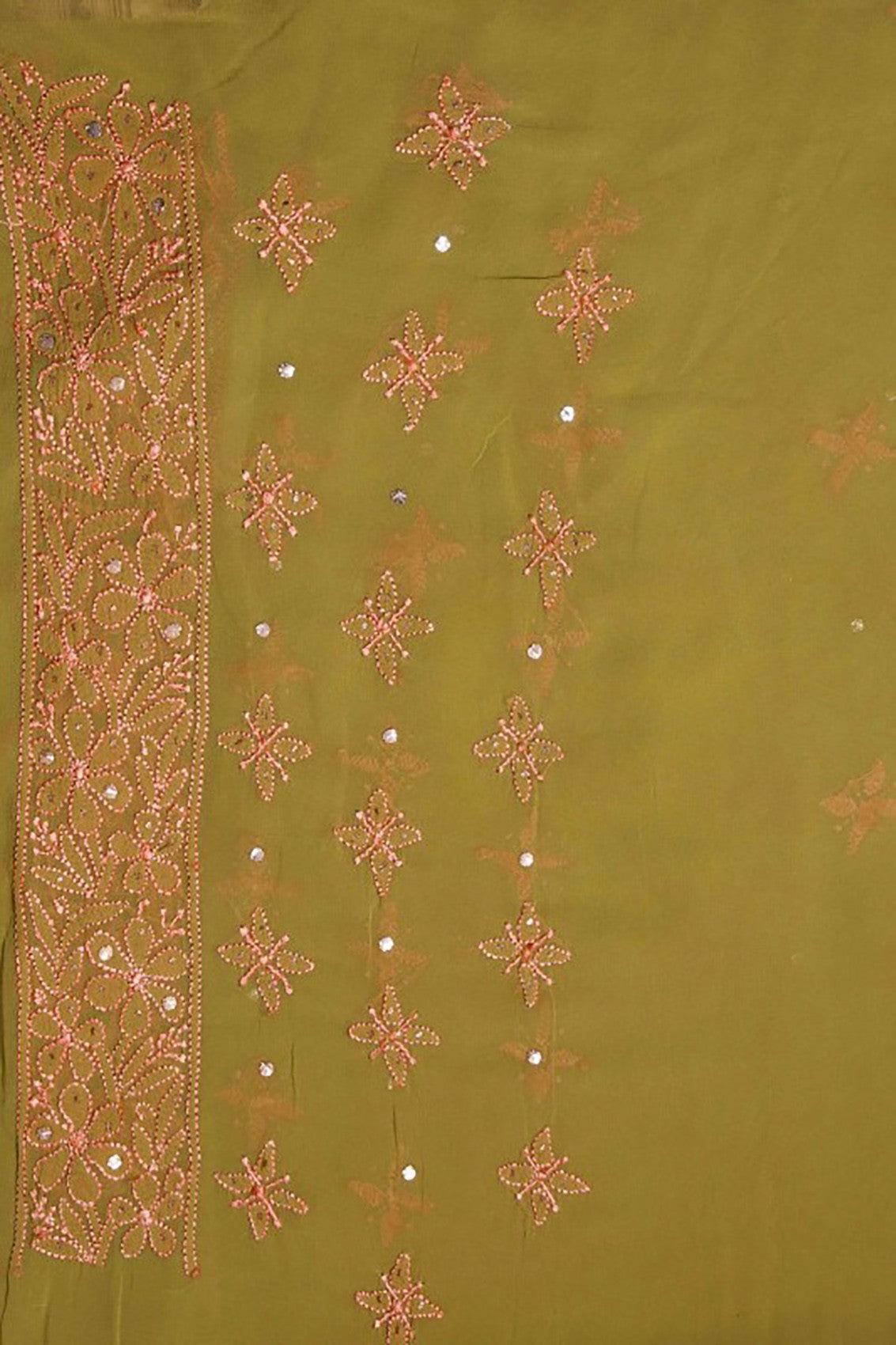Ada Hand Embroidered Olive Green Pure Georgette Lucknowi Chikankari Saree/Blouse With Muqaish Work 01A59040