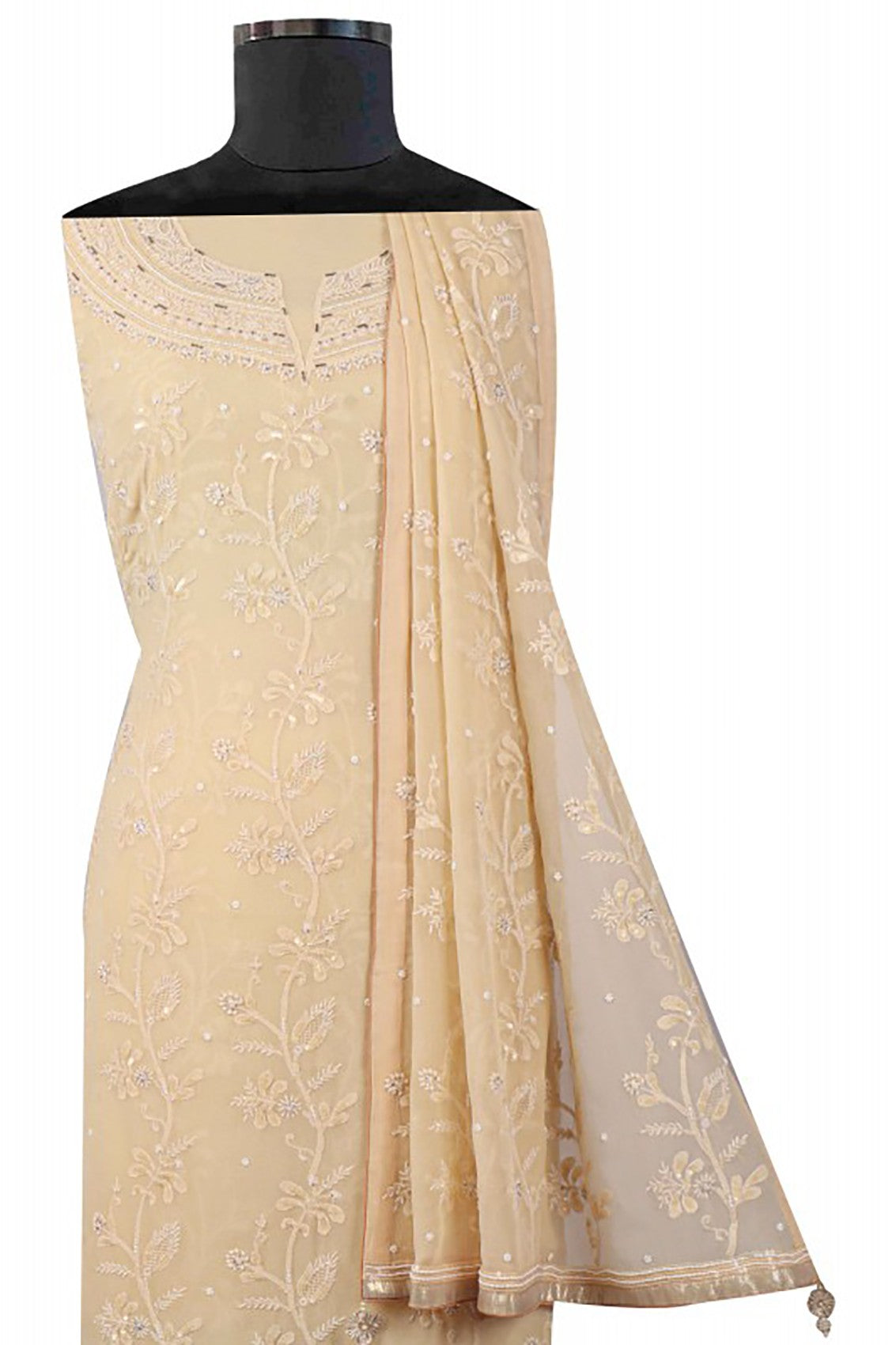 Ada Hand Embroidered Fawn Pure Georgette Lucknowi Chikankari Unstitched Suit Piece With Pearl Work A58116