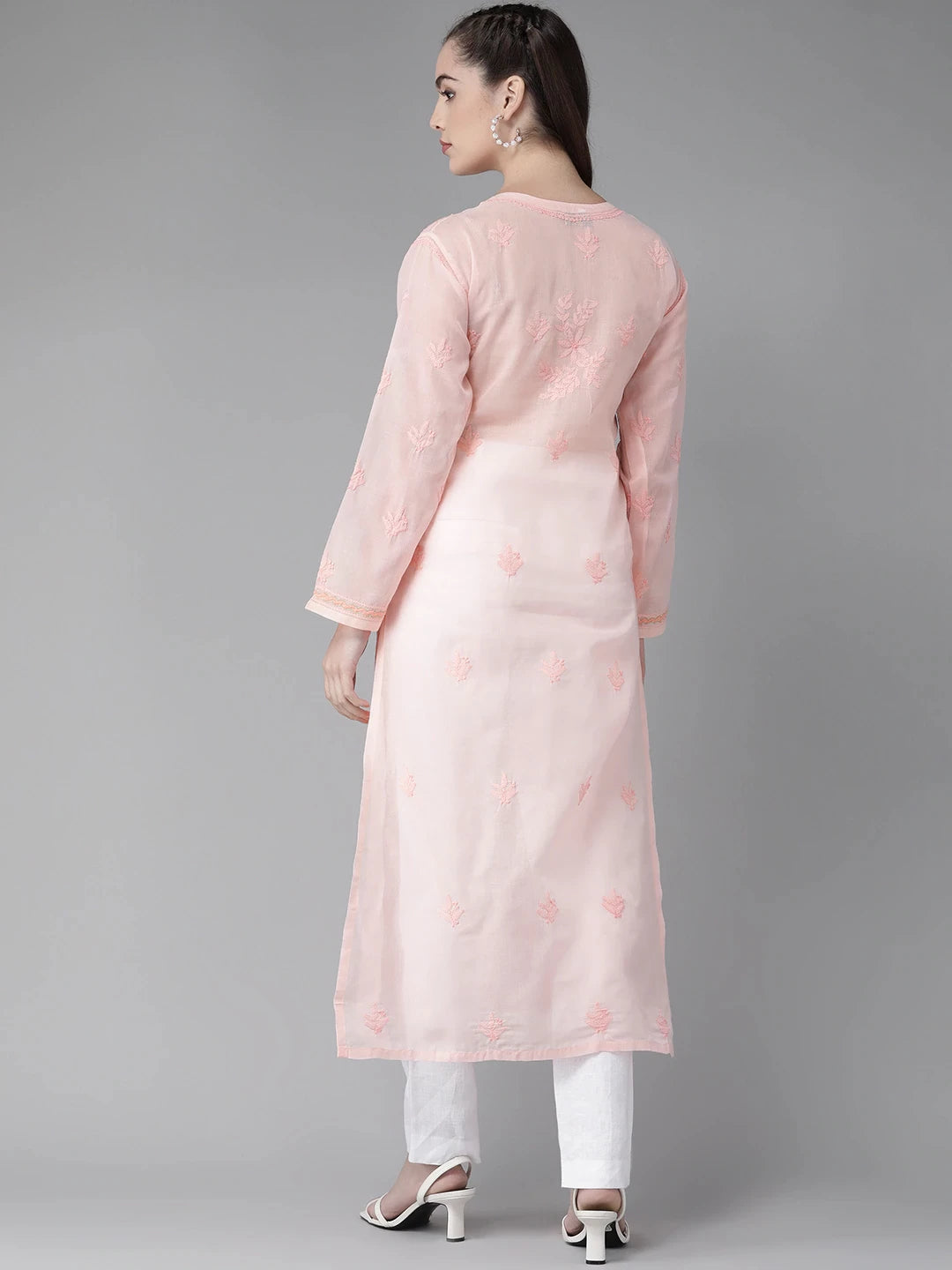 Ada Hand Embroidered Peach Cotton Lucknow Chikan Straight Kurta-A411249