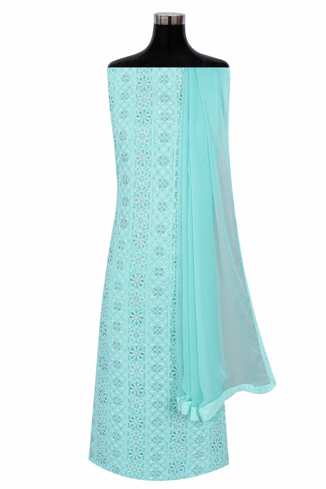 Ada Hand Embroidered Sea Green Cotton Lucknowi Chikankari Unstitched Suit Piece With Silver Lurex 01A220599