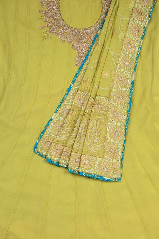 Ada Hand Embroidered Sheen Green Pure Georgette Lucknowi Chikankari Semi-Stitched Anarkali Kurta Dupatta Set With Zardosi Work A192509