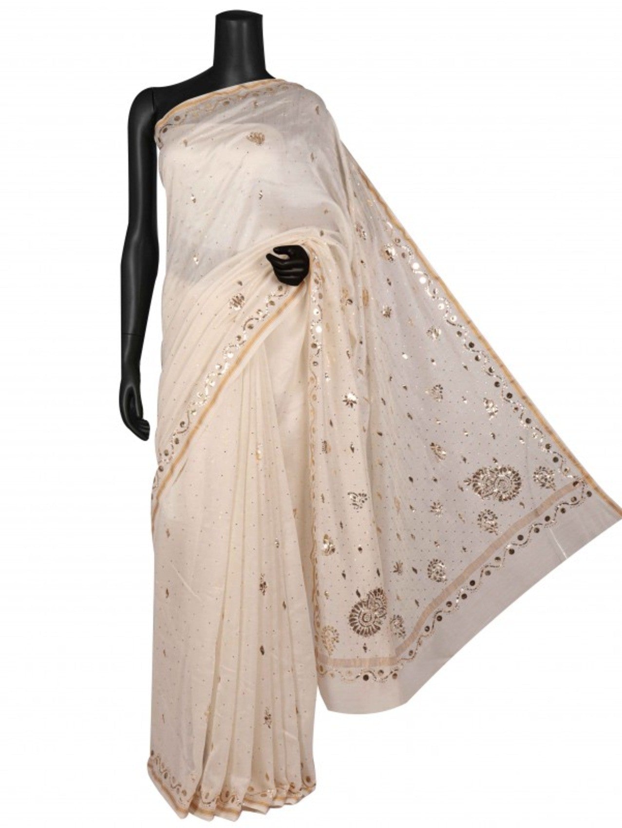 Ada Hand Embroidered Off White Chanderi Lucknowi Chikankari Saree/Blouse With Muqaish Work A610118