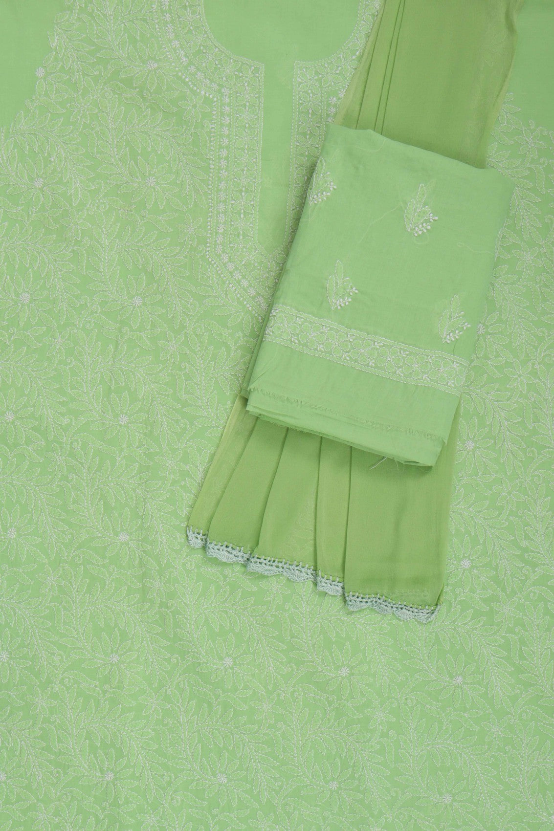 Ada Hand Embroidered Green Cotton Lucknowi Chikankari Unstitched Suit Piece 01A169959