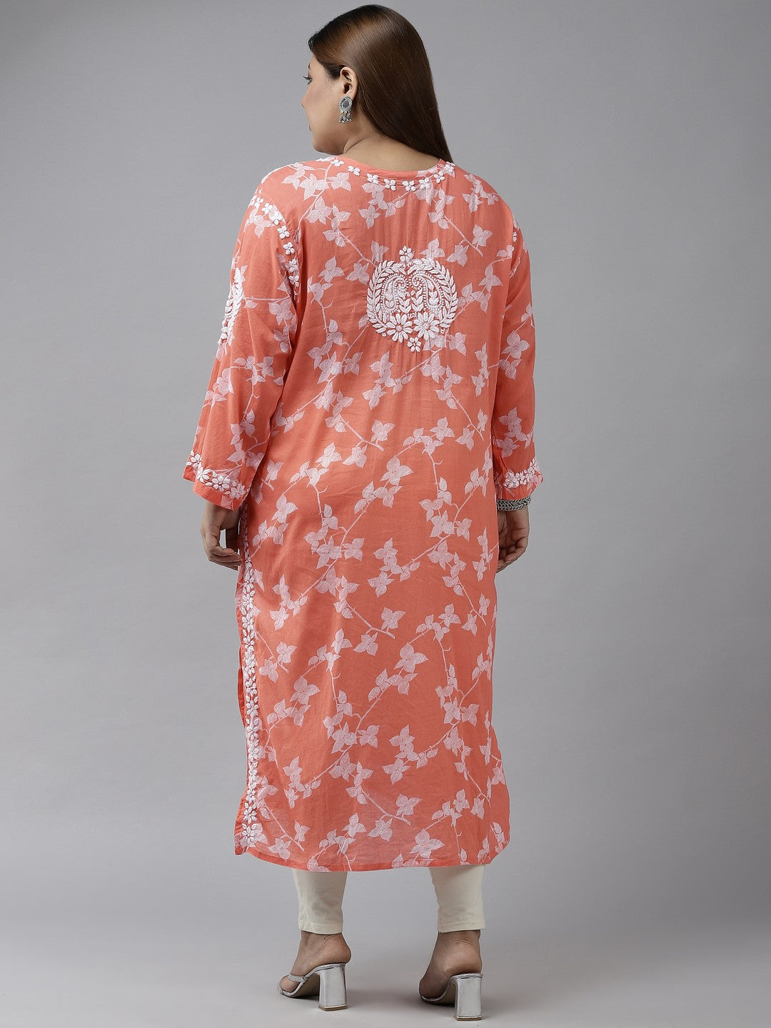 Ada Hand Embroidered Orange Cotton Lucknowi Chikankari Straight Kurta A411265