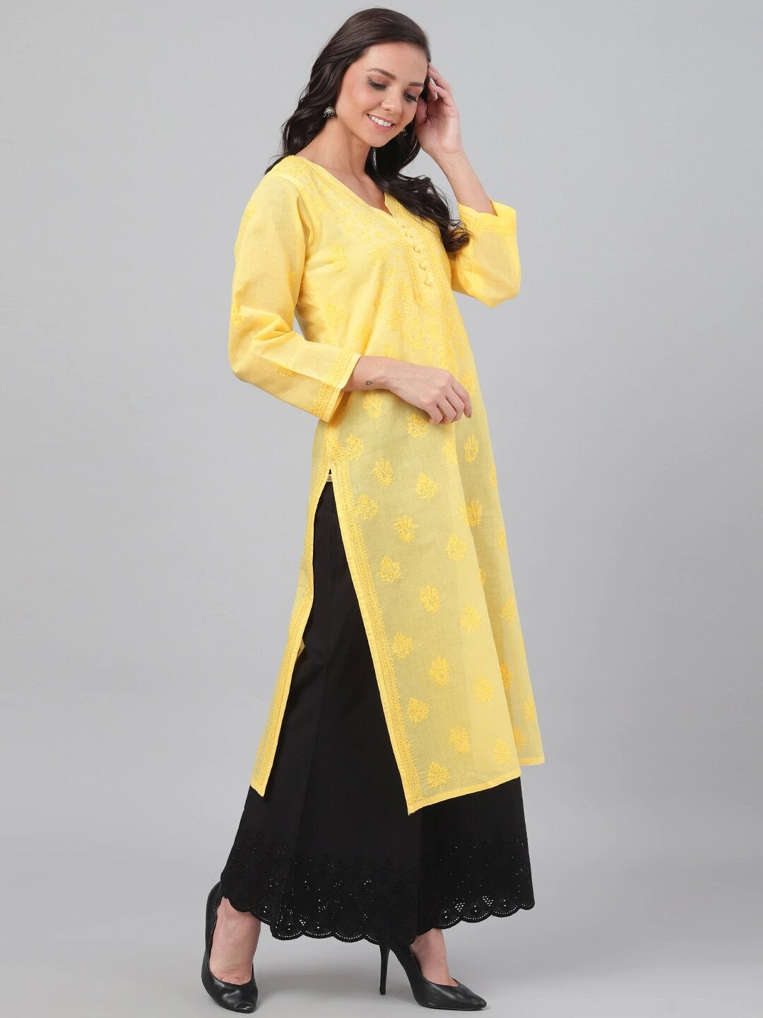 Ada Hand Embroidered Yellow Cotton Lucknowi Chikankari Straight Kurta A231421