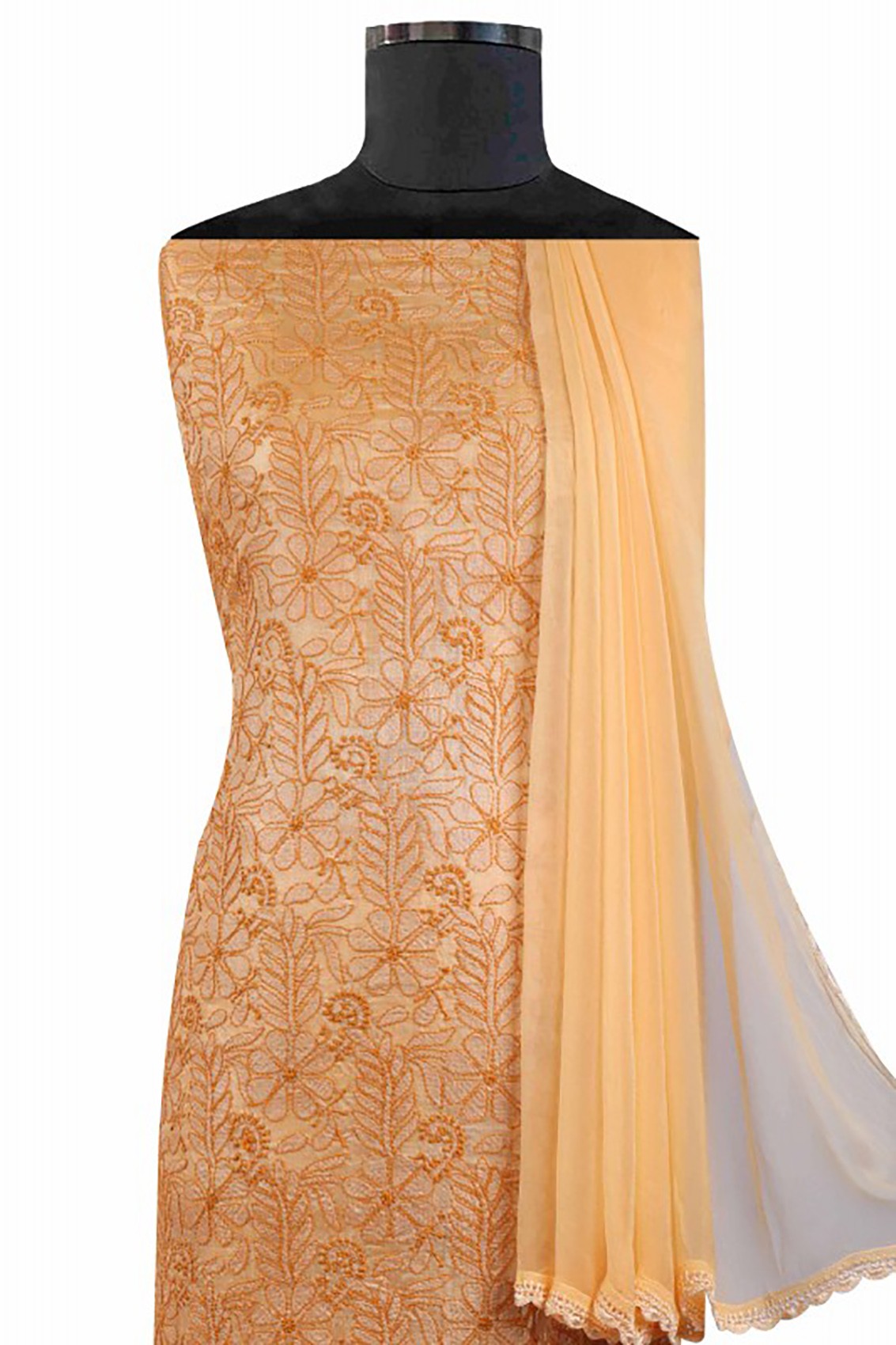 Ada Hand Embroidered Natural Fawn Silk Lucknowi Chikankari Unstitched Suit Piece A609717