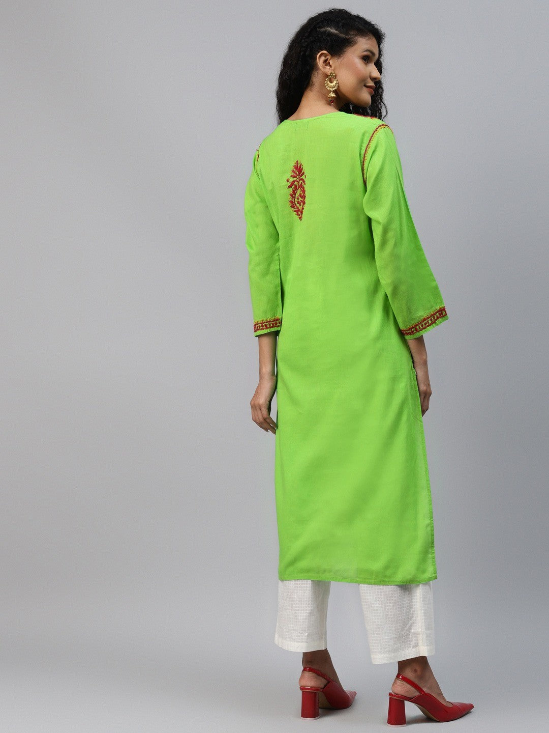 Ada Hand Embroidered Green Cotton Lucknowi Chikankari Straight Kurta-A174385