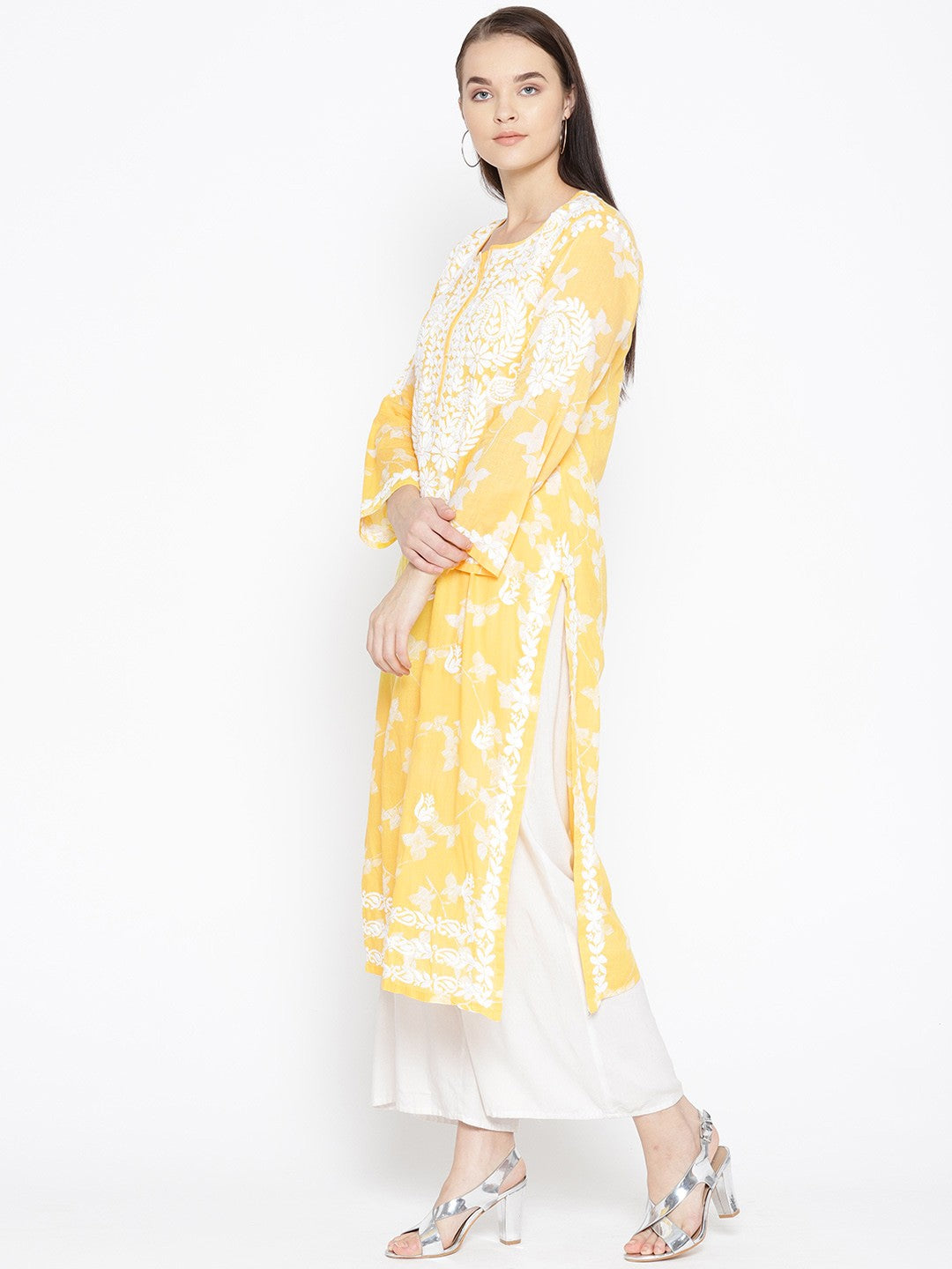 Ada Hand Embroidered Yellow Cotton Lucknowi Chikankari Straight Kurta A100111