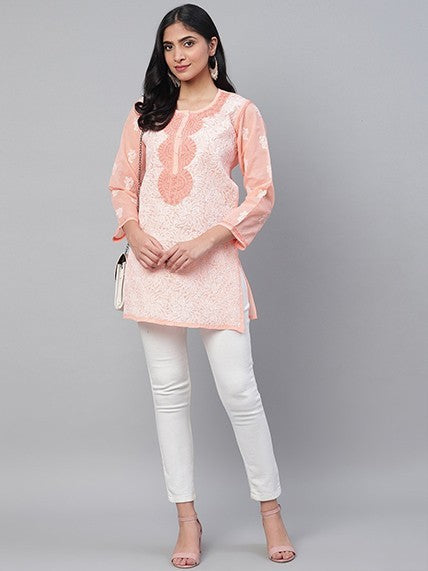 Ada Hand Embroidered Peach Cotton Lucknowi Chikankari Short Kurti A273726