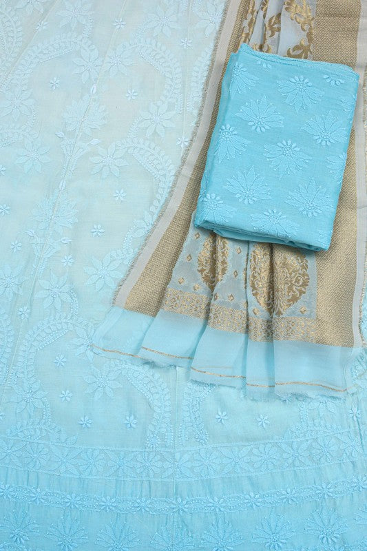 Ada Hand Embroidered Ombre Blue Chanderi Lucknowi Chikankari Lehenga Set 01A127217