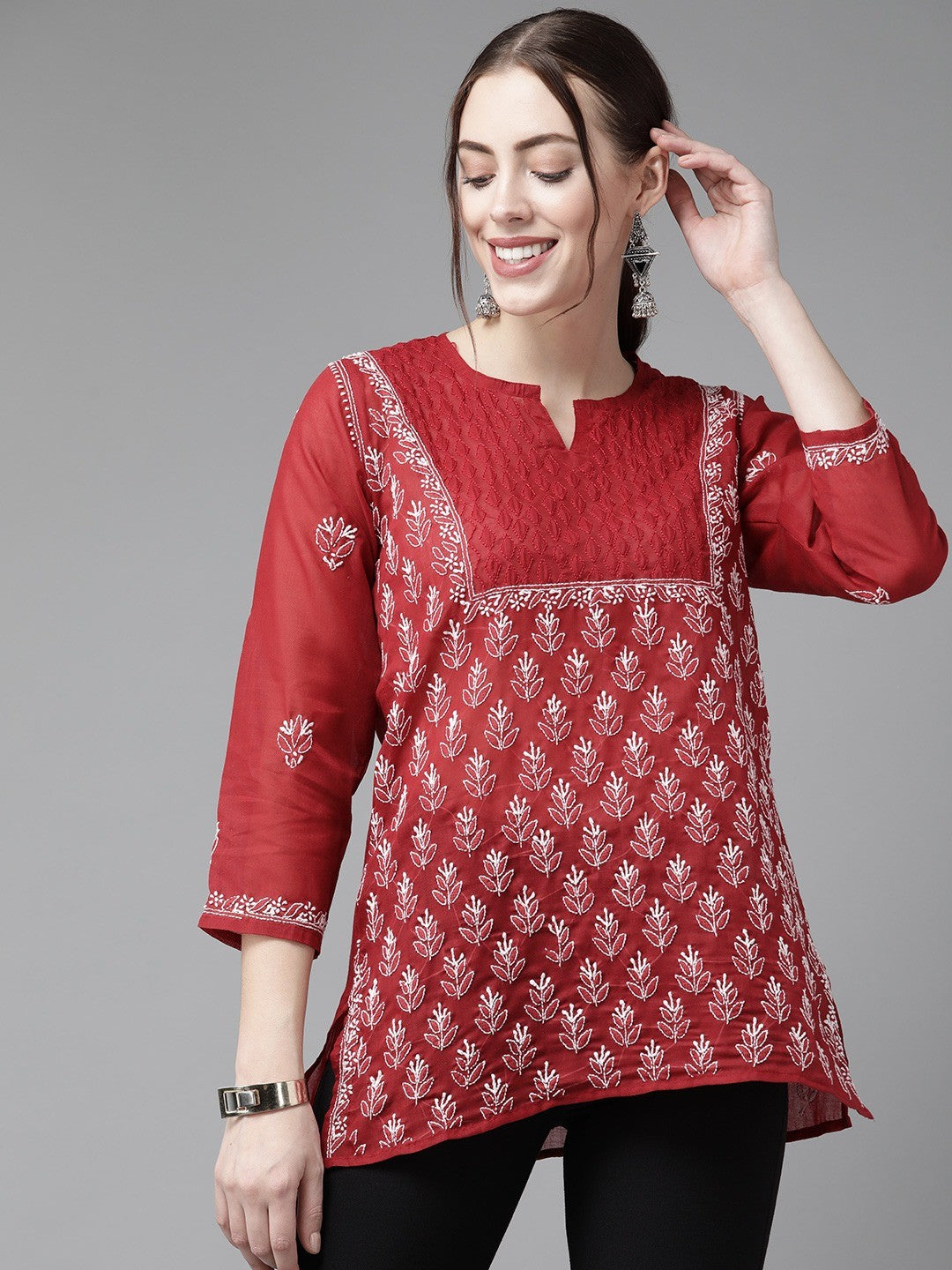Ada Hand Embroidered Red Cotton Lucknow Chikan Kurti A911213