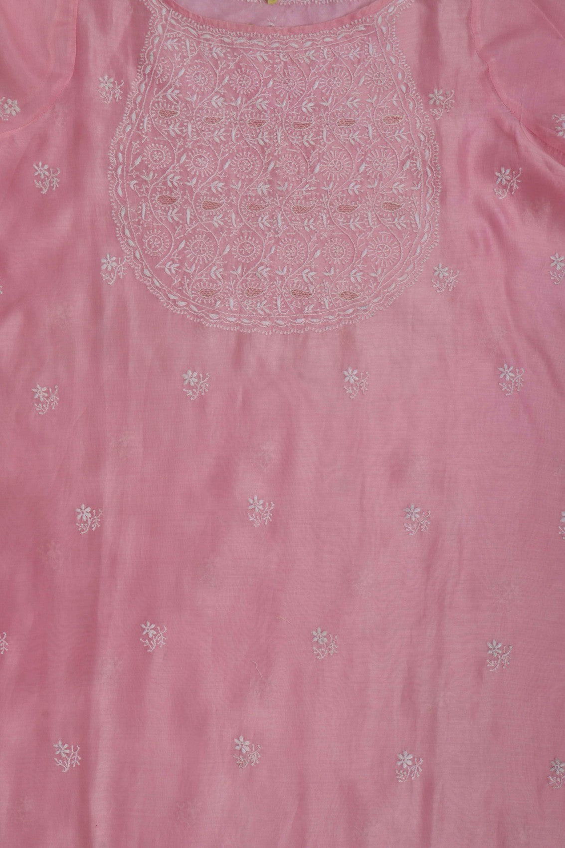Ada Hand Embroidered Powder Pink Chanderi Lucknowi Chikankari Semi-Stitched Anarkali Kurta Dupatta Set 01A248289