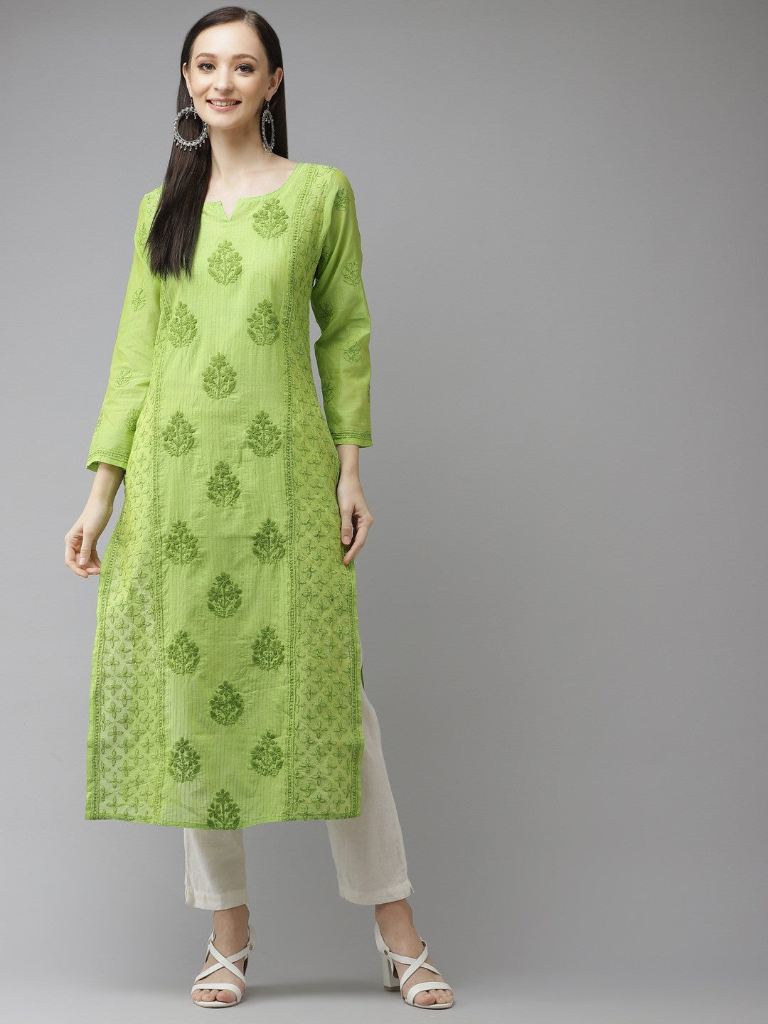 Ada Hand Embroidered Green Chanderi Lucknowi Chikankari Straight Kurta-A411314