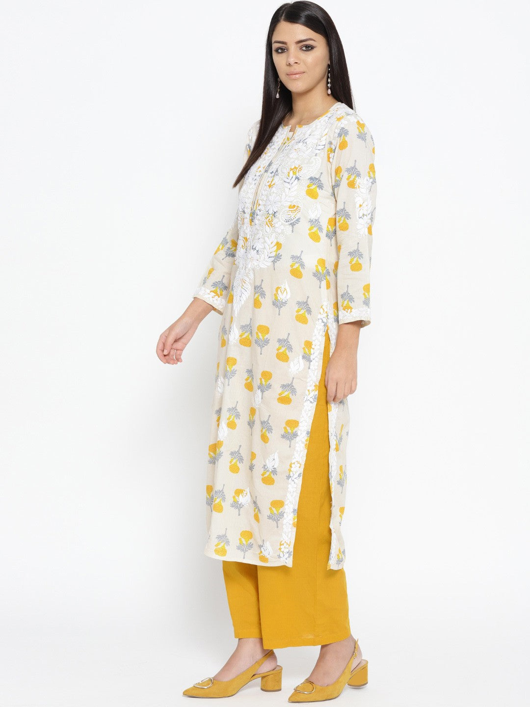 Ada Hand Embroidered Fawn Yellow Cotton Lucknowi Chikankari Straight Kurta- A100034