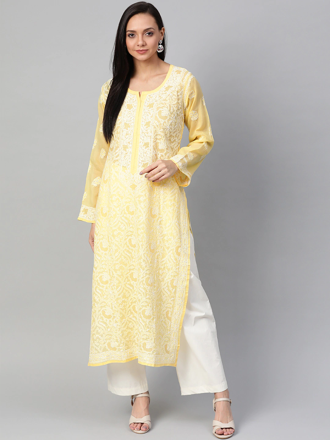 Ada Hand Embroidered Yellow Cotton Lucknowi Chikankari Straight Kurta A100538