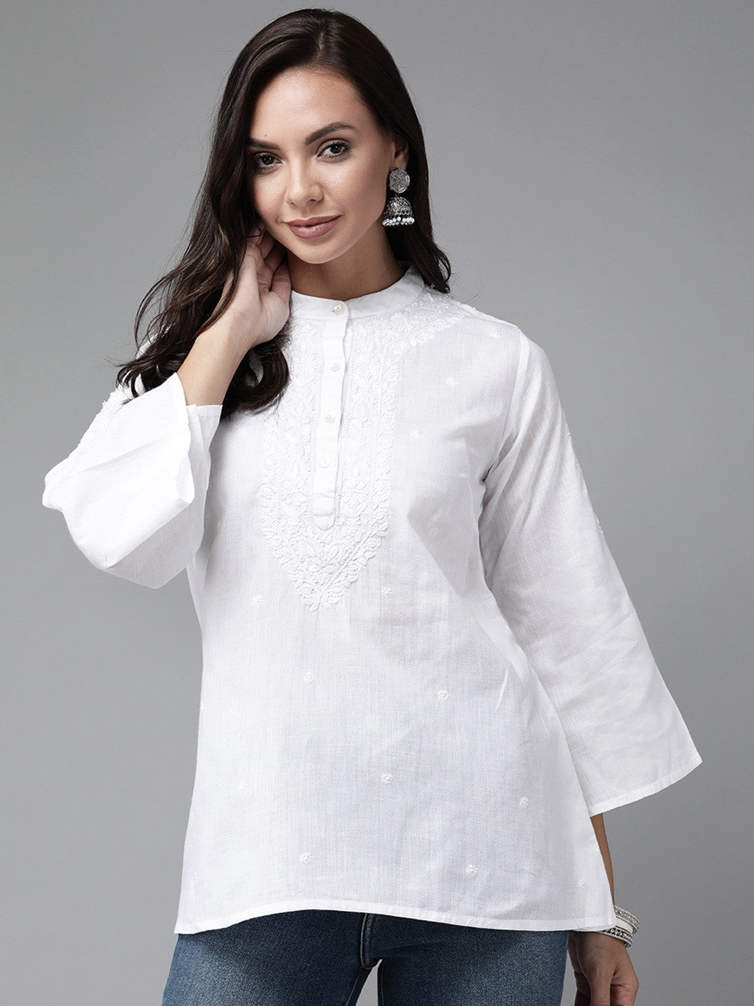 Ada Hand Embroidered White Linen Lucknowi Chikankari Short Kurti A911233