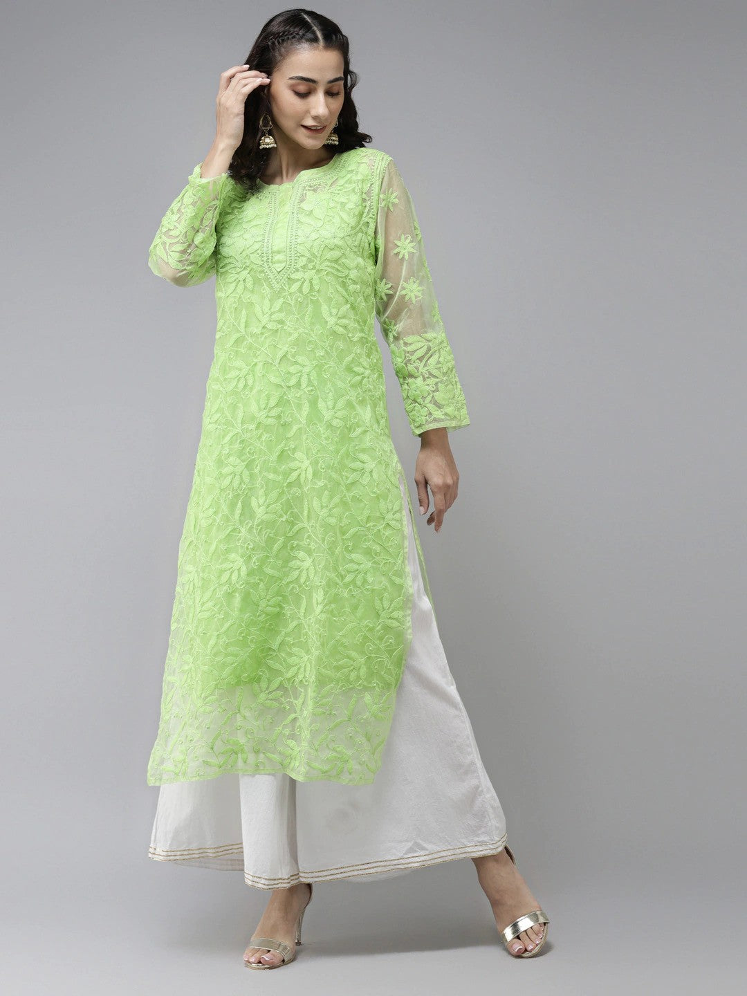 Ada Hand Embroidered Green Organza Lucknowi Chikankari Straight  Kurta With Slip- A411241