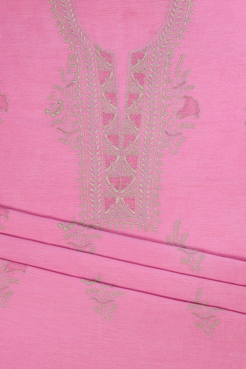 Ada Hand Embroidered Pink Chanderi Lucknowi Chikan Unstitched Suit Piece A549388