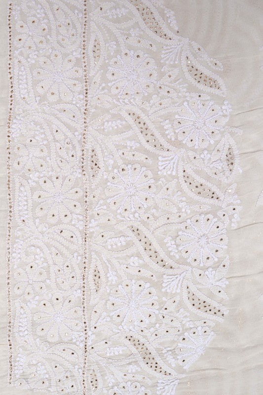 Ada Hand Embroidered White Pure Georgette Lucknowi Chikankari Lehenga Set With Muqaish Work 01A118622