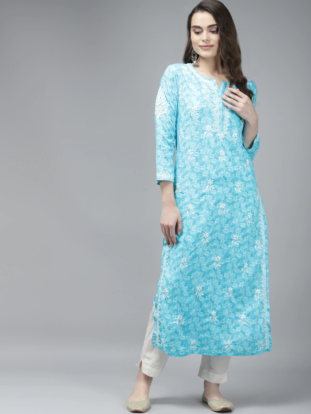 Ada Hand Embroidered Blue Cotton Lucknow Chikankari Kurta A411380