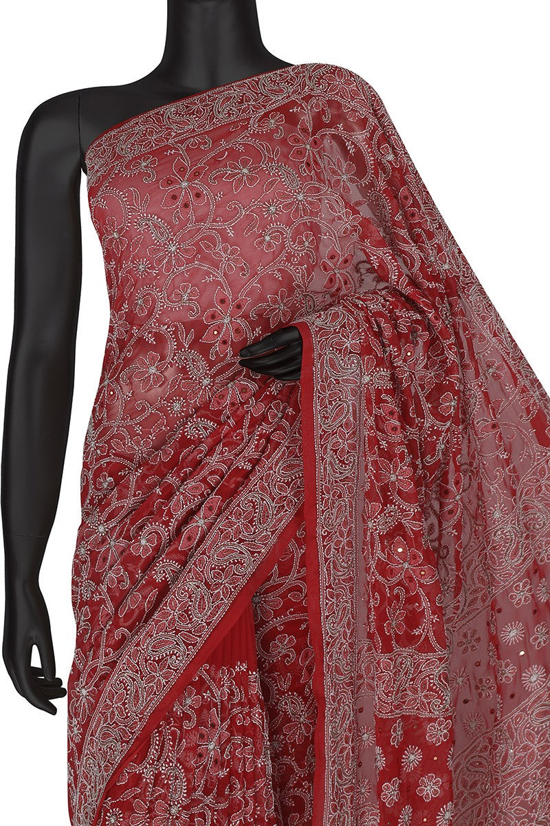 Ada Hand Embroidered Red Georgette Lucknowi Chikankari Saree/Blouse With Zari work A568660
