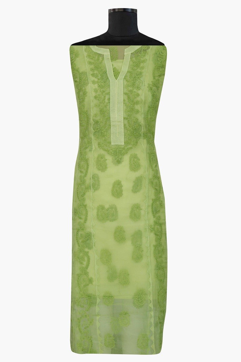 Ada Hand Embroidered Pear Green Organza Chikan Semi-stitched Kurta Piece A484760