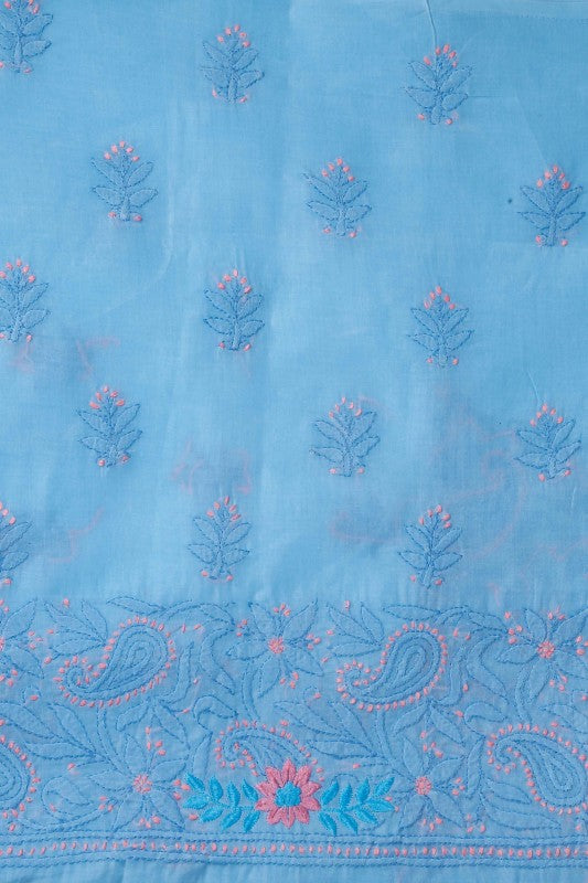 Ada Hand Embroidered Blue Cotton Lucknowi Chikan Unstitched Suit Piece-A100166