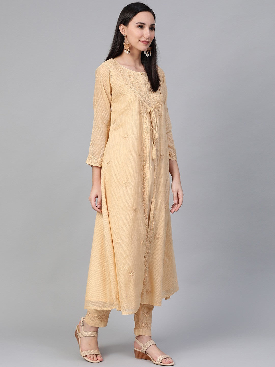 Ada Hand Embroidered Beige Kota Lucknowi Chikankari A-line Kurta With Trouser Set A100552