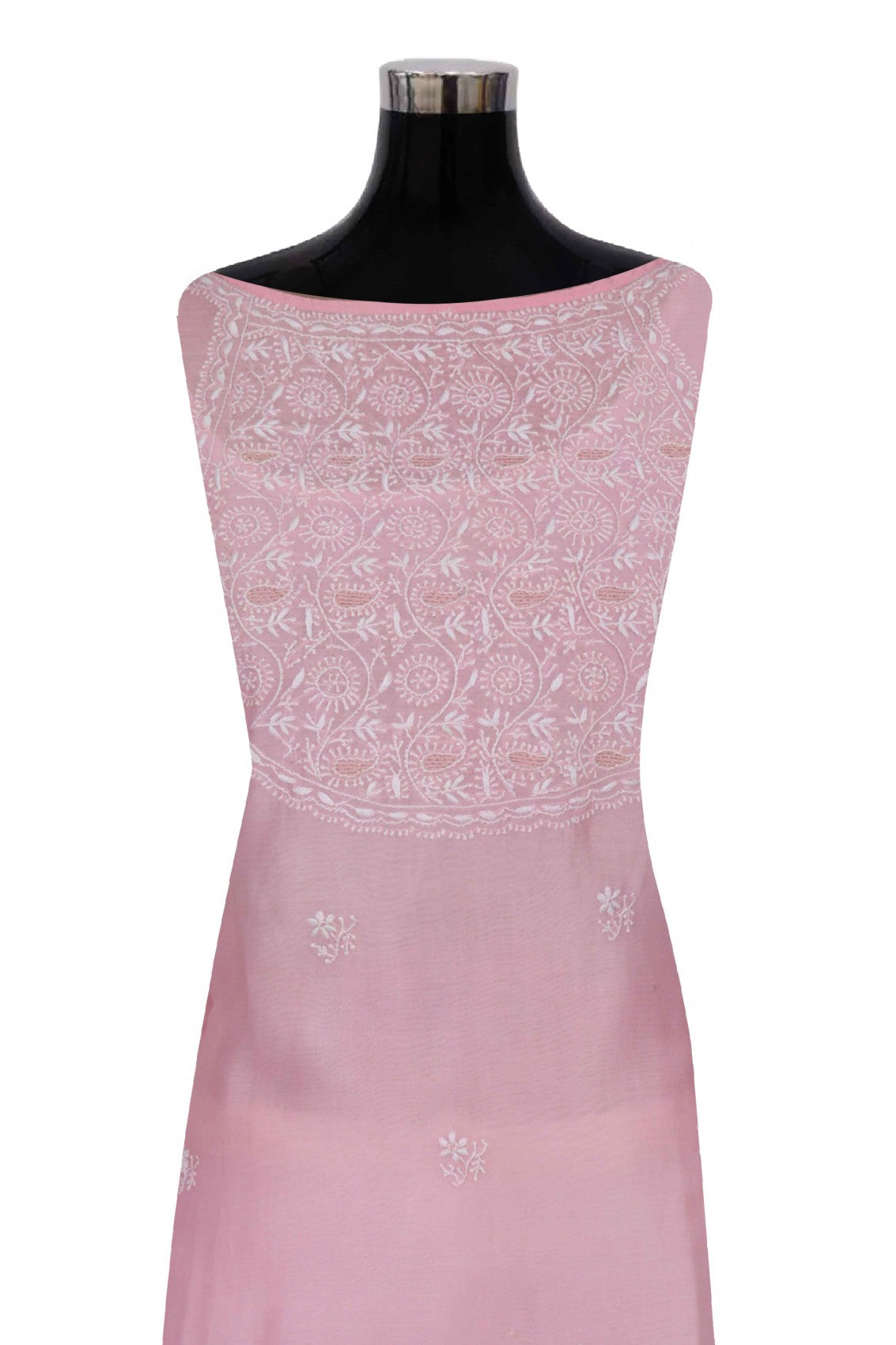 Ada Hand Embroidered Powder Pink Chanderi Lucknowi Chikankari Semi-Stitched Anarkali Kurta Dupatta Set 01A248289