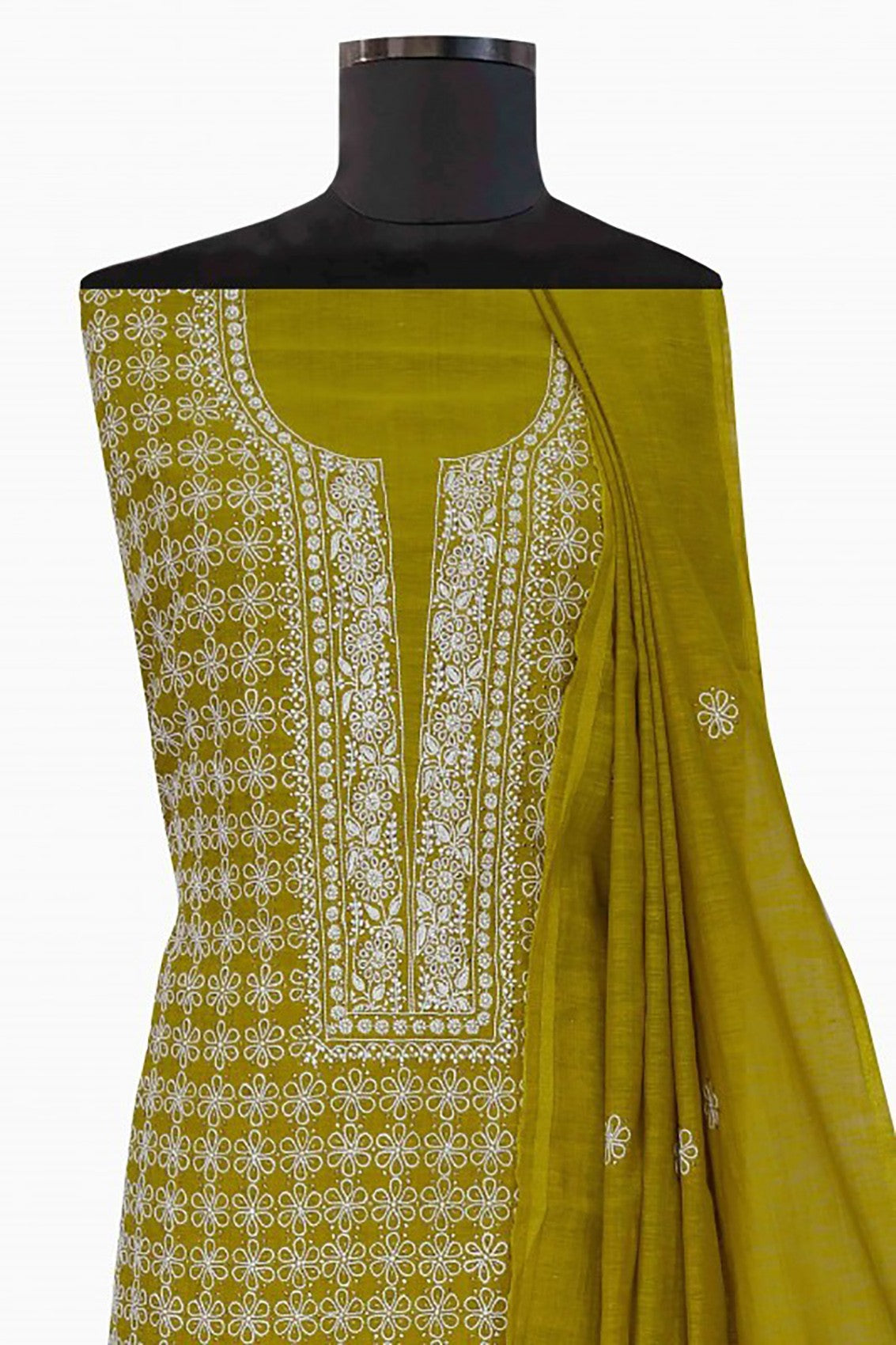 Ada Hand Embroidered Olive Green Khadi Chikankari Unstitched Suit Piece With Muqaish Work A454744