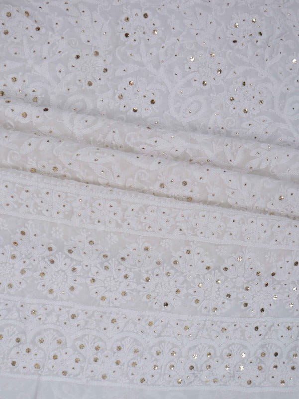 Ada Hand Embroidered White Georgette Lucknowi Chikankari Unstitched Kurta Dupatta Set with Muqaish Work  01A227531