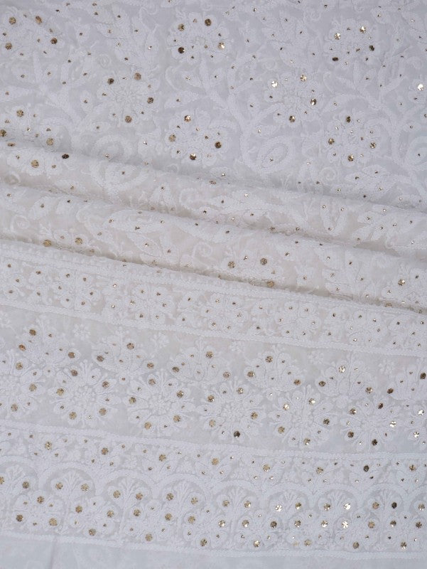 Ada Hand Embroidered White Georgette Lucknowi Chikankari Unstitched Kurta Dupatta Set with Muqaish Work  01A227531