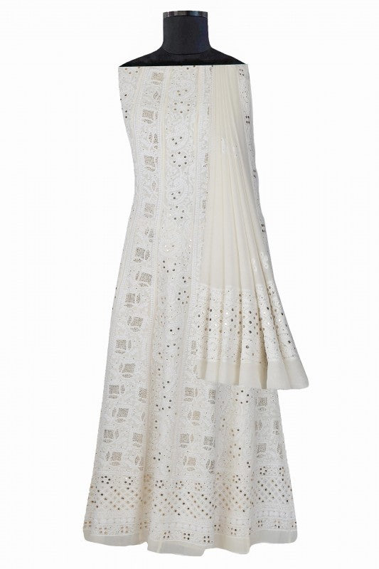 Ada Hand Embroidered White Pure Georgette Lucknowi Chikankari Semi-stitched Anarkali Kurta Dupatta Set With Muqaish Work- A597777