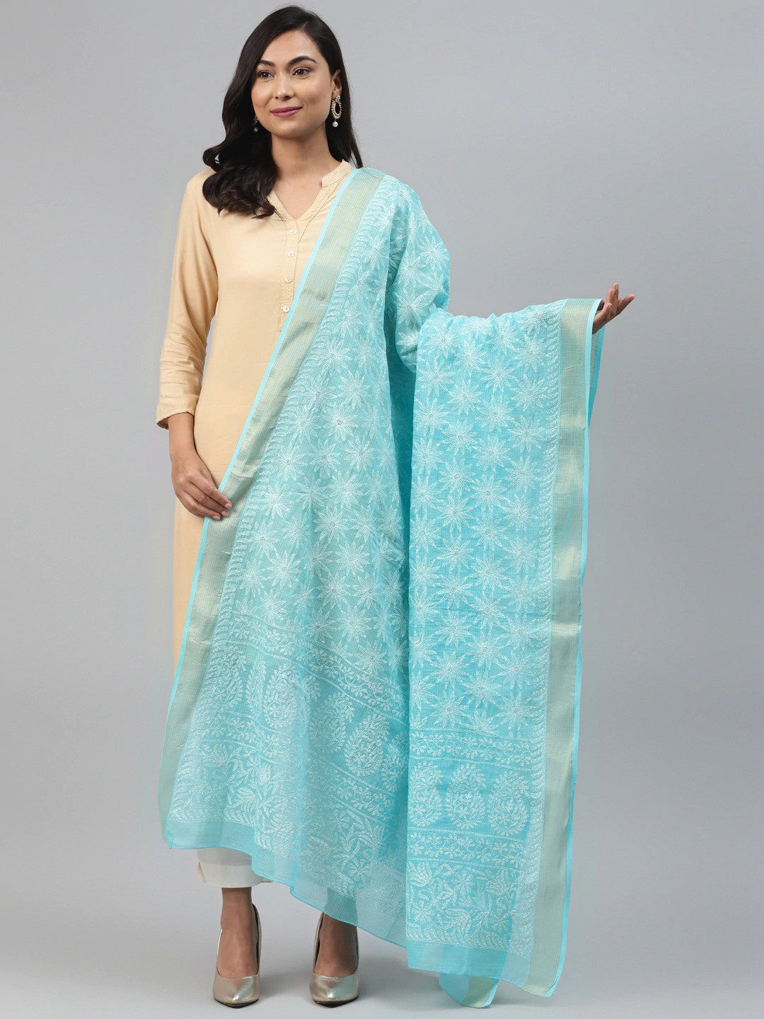 Ada Hand Embroidered Blue Kota Lucknowi Chikankari Dupatta A511165