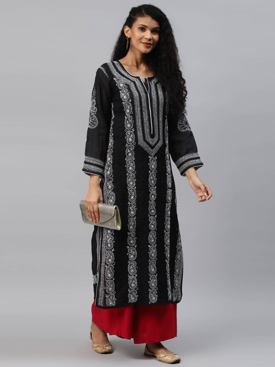Ada Hand Embroidered Black Cotton Lucknowi Chikankari Straight Kurta A230771