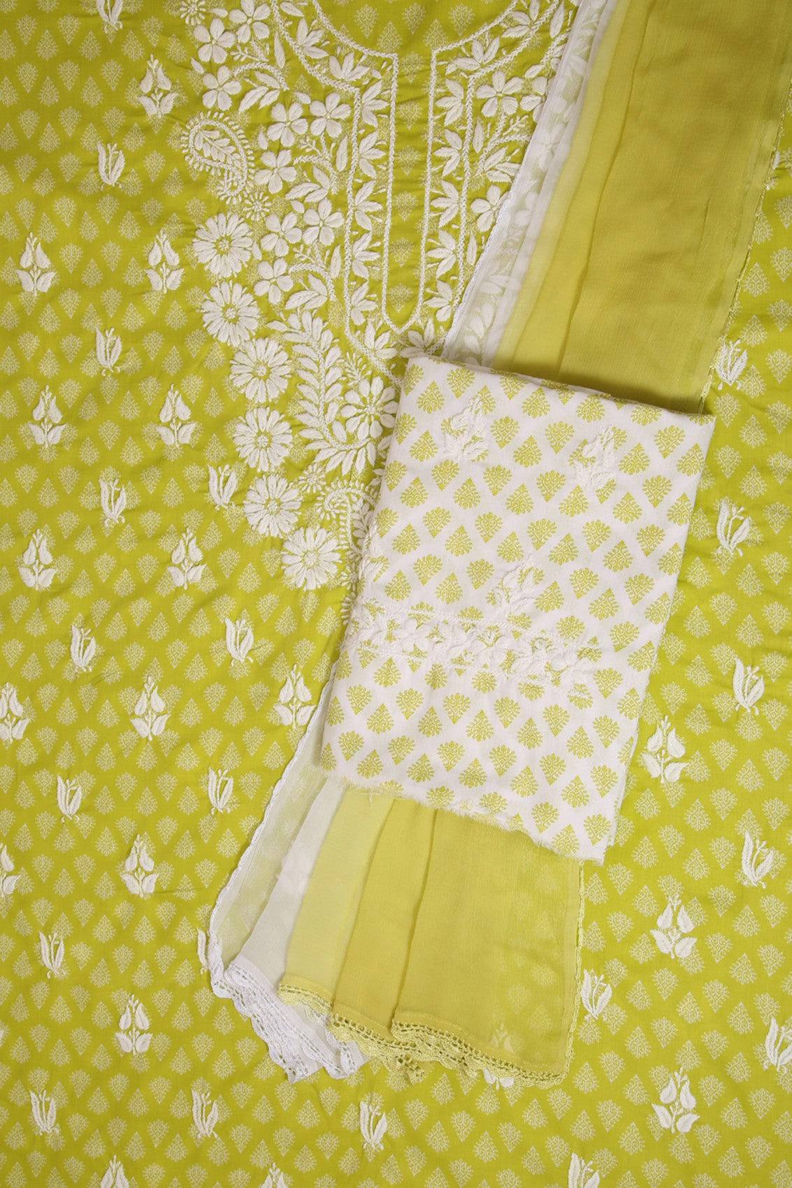 Ada Hand Embroidered Green Cotton Lucknowi Chikankari Unstitched Suit Piece A211236