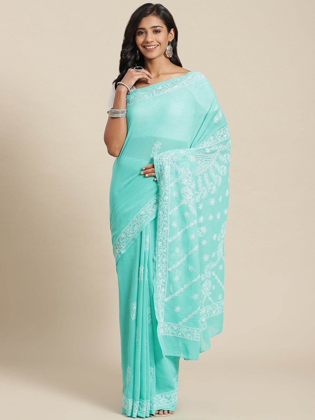 Ada Hand Embroidered Green Georgette Lucknow Chikan Saree With Blouse A311345
