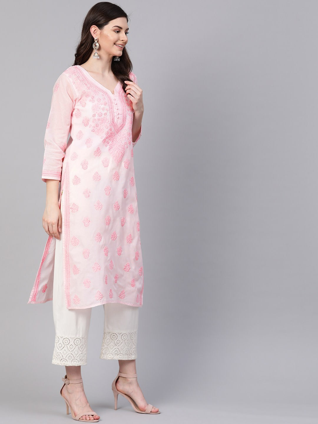 Ada Hand Embroidered Baby Pink Cotton Lucknowi Chikankari Straight Kurta A100365